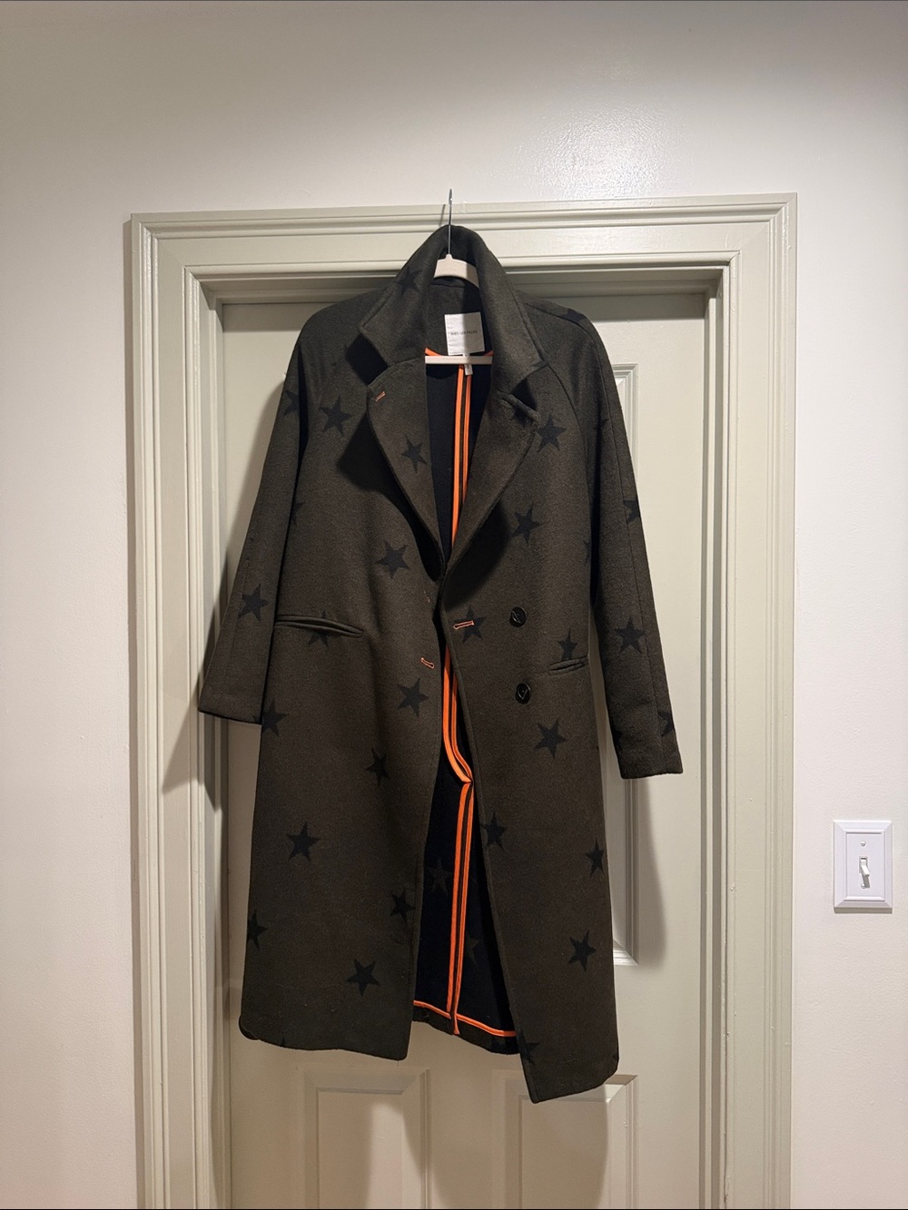 Avec Les Filles Olive Star-Print Trench Coat with Orange Trim